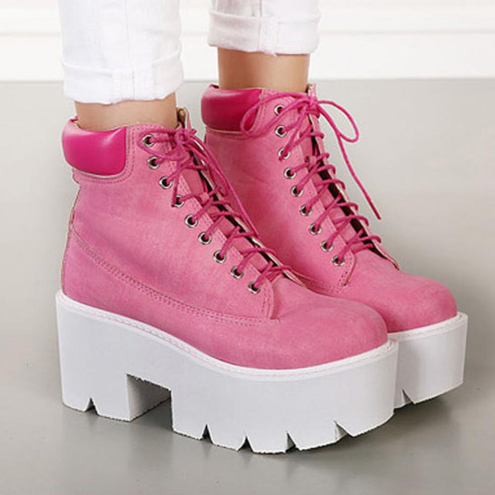 Pink Lace Up Chunky Block White Sole Funky Ankle Boots Shoes ...