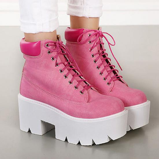Pink Lace Up Chunky Block White Sole Funky Ankle Boots Shoes Platforms Zvoof