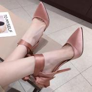 Pink Satin Ankle Straps Bow Evening Stiletto High Heels Sandals Shoes