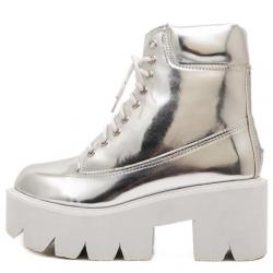 Silver Mirror Lace Up Chunky Block White Sole Funky Ankle Boots Shoes