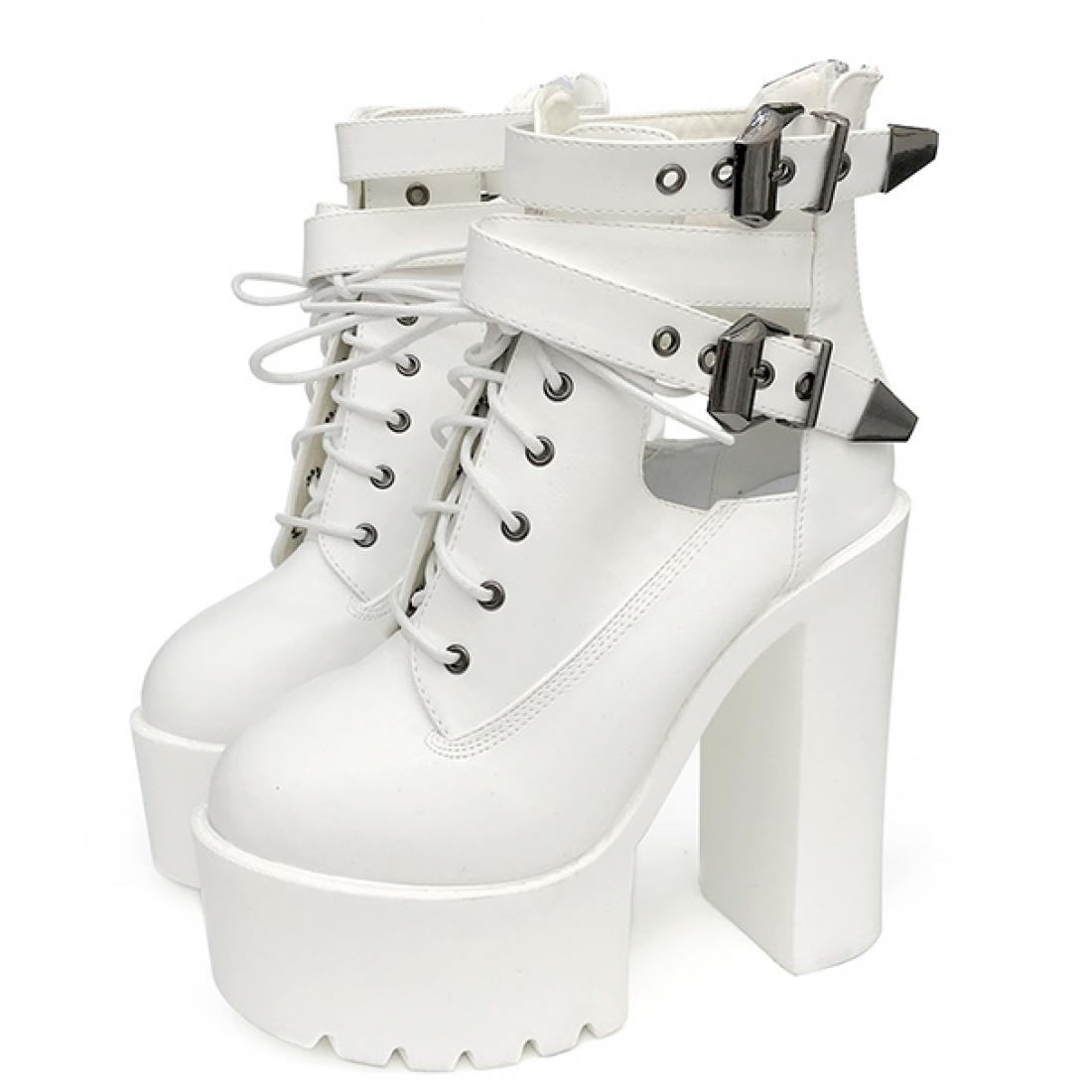 White Chunky Block Sole Ankle Straps High Heels Boots Shoes ...
