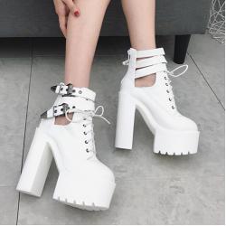 White Chunky Block Sole Ankle Straps High Heels Boots Shoes