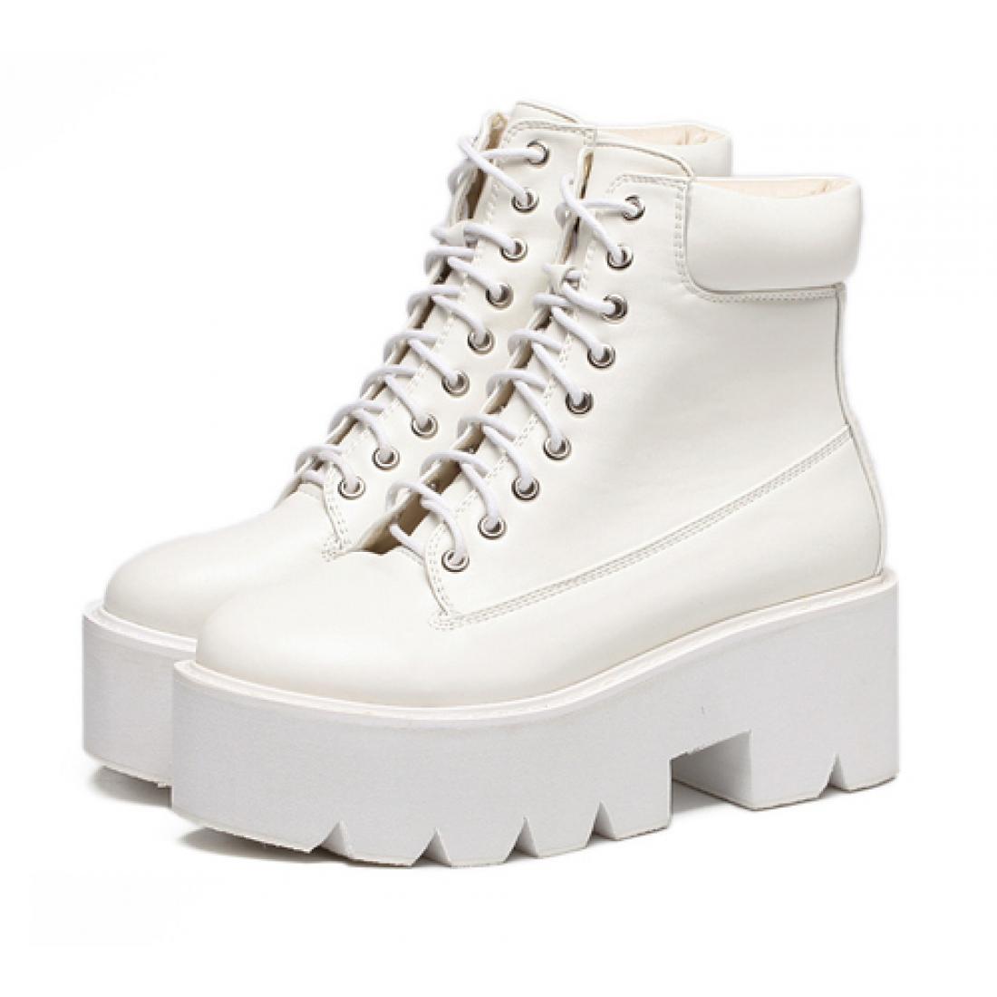 White Lace Up Chunky Block Sole Funky Ankle Boots Shoes ...