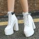White Punk Rock Chunky Block Sole Ankle High Heels Boots Shoes Platforms Zvoof