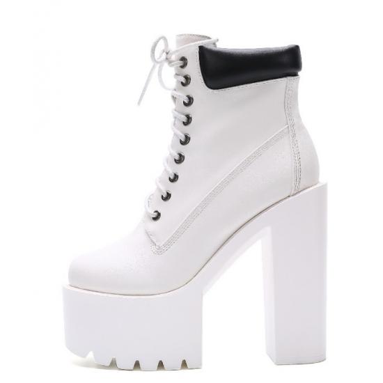 White Punk Rock Chunky Block Sole Ankle High Heels Boots ...