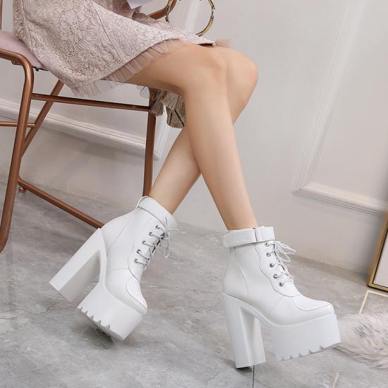 White Sneakers Chunky Block Sole High Heels Boots Shoes