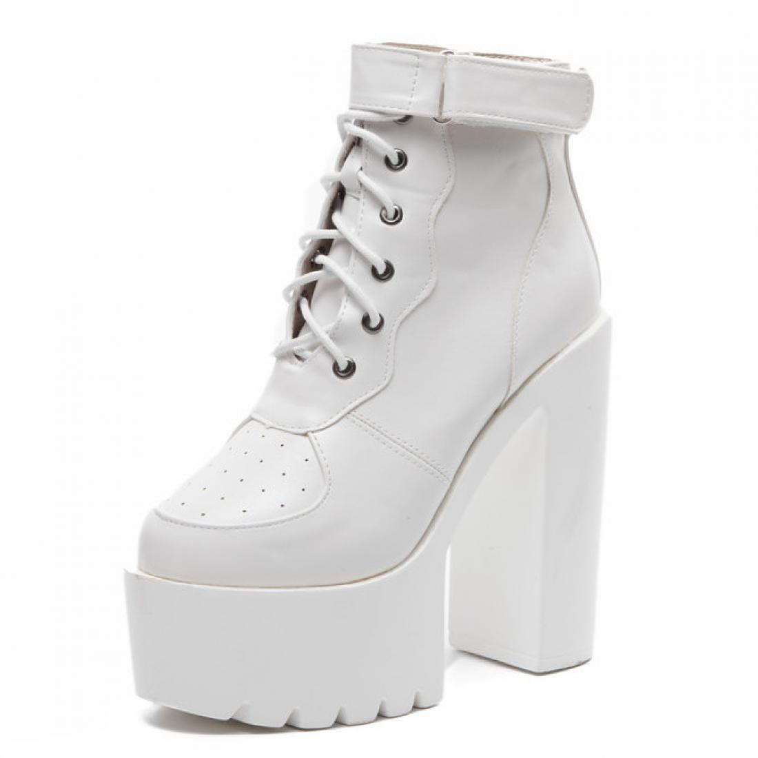 White Sneakers Chunky Block Sole High Heels Boots Shoes ...