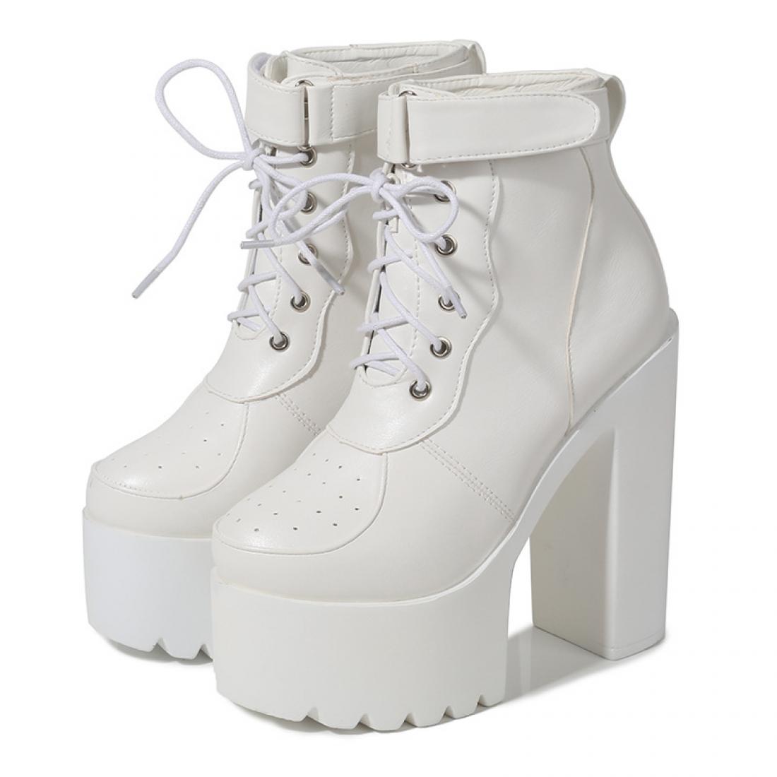 White Sneakers Chunky Block Sole High Heels Boots Shoes ...