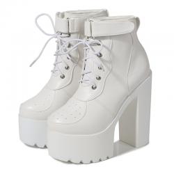 White Sneakers Chunky Block Sole High Heels Boots Shoes	