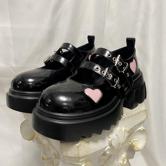 Black Hearts Platforms Creepers Lolita Mary Jane Cleated Sole Shoes
