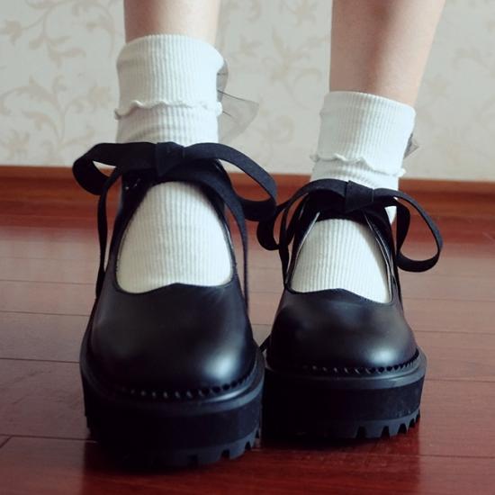 Black Heart Hollow Platforms Creepers Lolita Mary Jane Chunky Sole Shoes