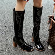 Black Patent Glossy Long Knee Wooden Round High Heels Boots Shoes 