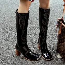 Black Patent Glossy Long Knee Wooden Round High Heels Boots Shoes 
