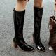 Black Patent Glossy Long Knee Wooden Round High Heels Boots Shoes High Heels Zvoof