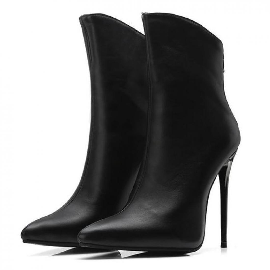 Black Pointed Head MId Long High Stiletto Heels Boots Shoes ...