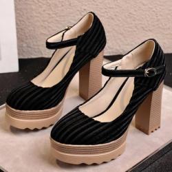 Black Twill Velvet Platforms High Block Wooden Heels Mary Jane Shoes
