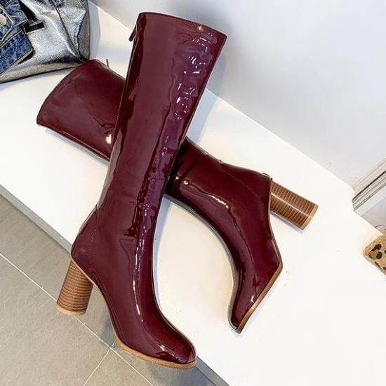 Burgundy Patent Glossy Long Knee Wooden Round High Heels Boots Shoes High Heels Zvoof