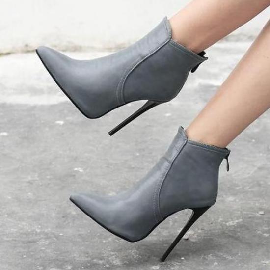 Grey Leather Rider High Stiletto Heels Ankle Boots Shoes