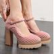 Pink Twill Velvet Platforms High Block Wooden Heels Mary Jane Shoes High Heels Zvoof