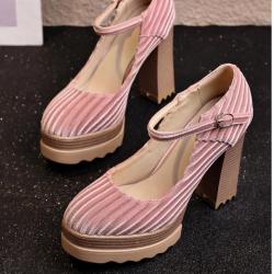 Pink Twill Velvet Platforms High Block Wooden Heels Mary Jane Shoes