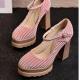 Pink Twill Velvet Platforms High Block Wooden Heels Mary Jane Shoes High Heels Zvoof