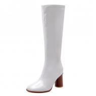 White Patent Glossy Long Knee Wooden Round High Heels Boots Shoes