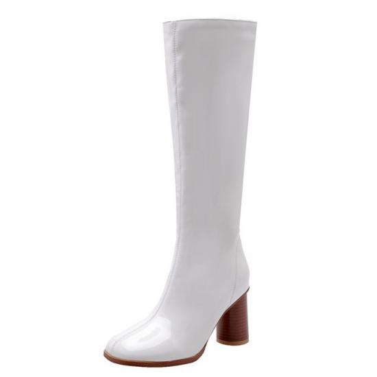 White Patent Glossy Long Knee Wooden Round High Heels Boots Shoes High Heels Zvoof