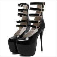 Black Patent Multiple Straps Platforms Super High Stiletto Heels Shoes