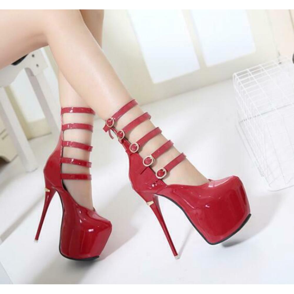 Red Patent Multiple Straps Platforms Super High Stiletto