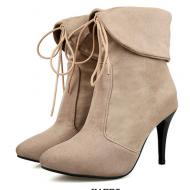 Beige Suede Lace Up Ankle Flap High Stiletto Heels Boots Shoes Booties