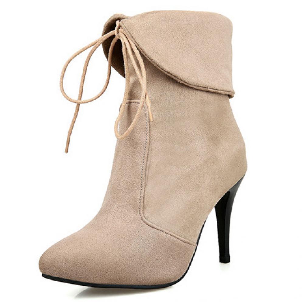 Beige Suede Lace Up Ankle Flap High Stiletto Heels Boots ...