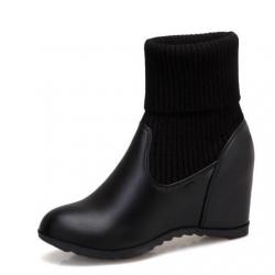 Black Knit Woolen Flap Mid Length Ankle Wedges Combat Boots Shoes