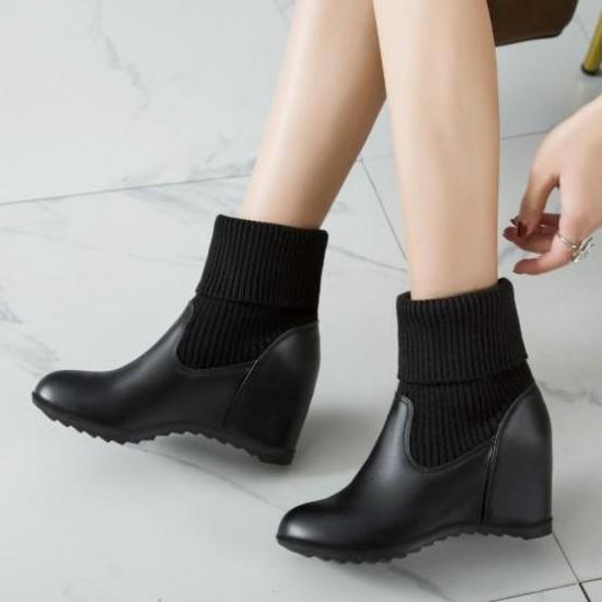 Black Knit Woolen Flap Mid Length Ankle Wedges Combat Boots Shoes Wedges Zvoof