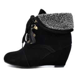 Black Suede Ankle Woolen Flap Lace Up Wedges Combat Boots Shoes