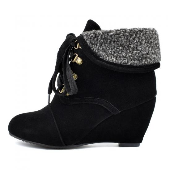 Black Suede Ankle Woolen Flap Lace Up Wedges Combat Boots Shoes Wedges Zvoof