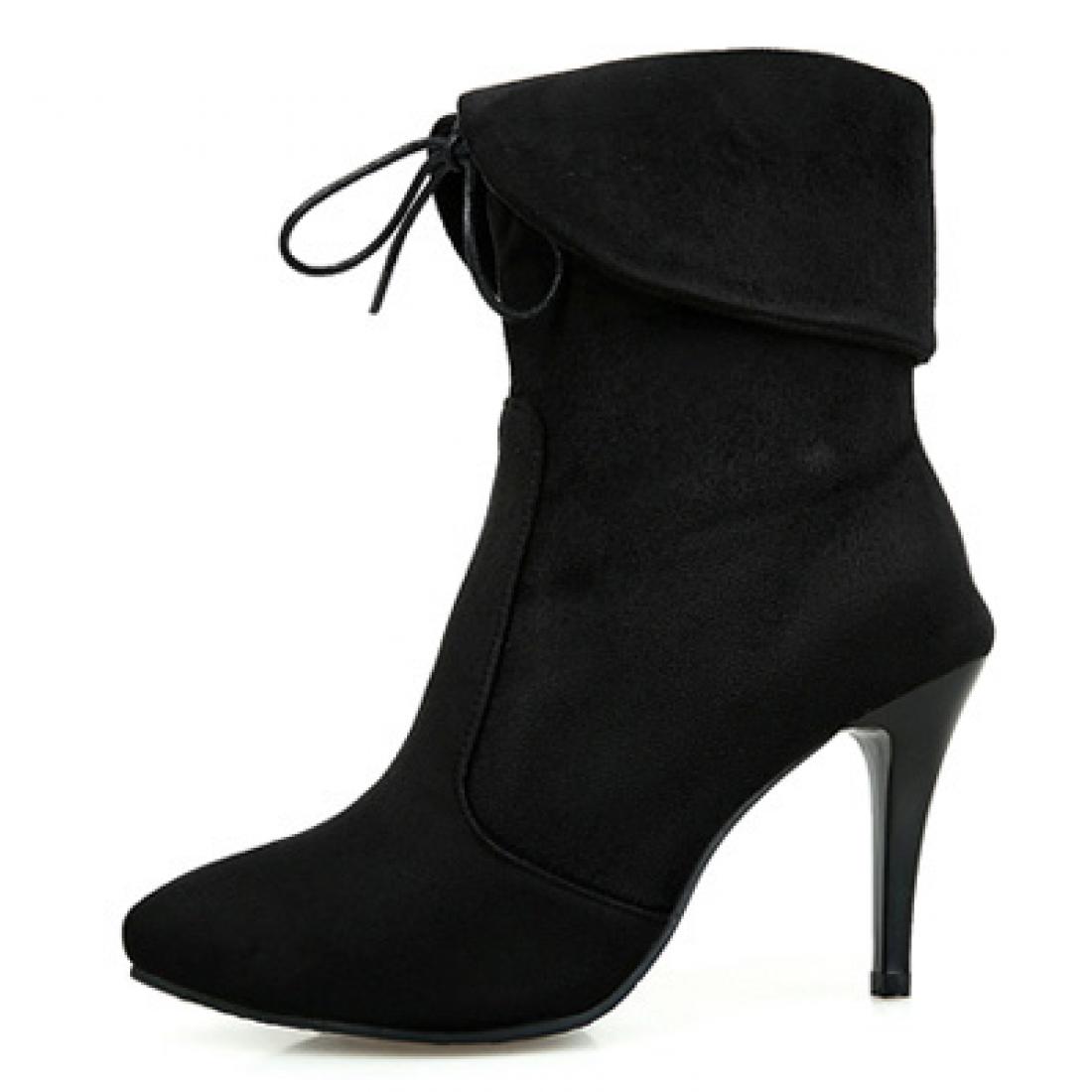 Black Suede Lace Up Ankle Flap High Stiletto Heels Boots ...