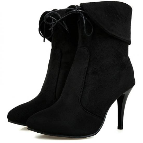 Black Suede Lace Up Ankle Flap High Stiletto Heels Boots Shoes Booties High Heels Zvoof
