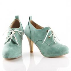 Blue Lace Up Vintage High Stiletto Heels Oxfords Shoes Boots Booties