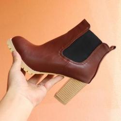 Brown Ankle High Heels Combat Military Chelsea Boots Shoes