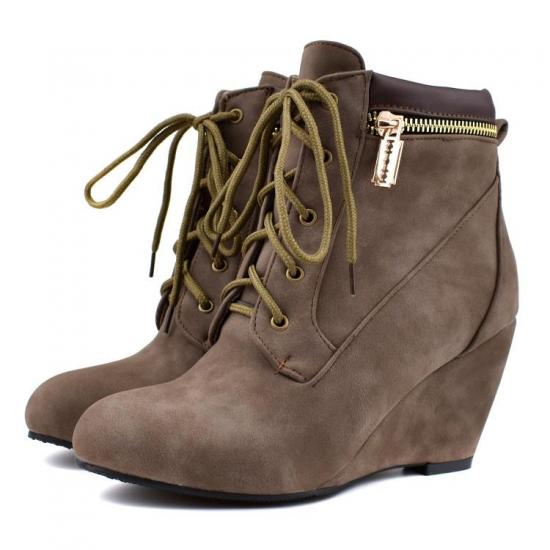 Brown Suede Ankle Lace Up Wedges Combat Blazer Zippers Boots Shoes Wedges Zvoof