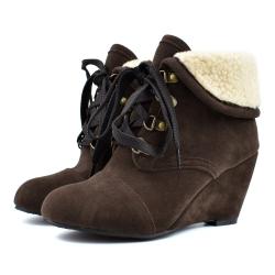Brown Suede Ankle Woolen Flap Lace Up Wedges Combat Boots Shoes