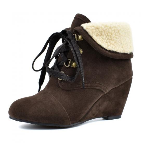 Brown Suede Ankle Woolen Flap Lace Up Wedges Combat Boots Shoes Wedges Zvoof