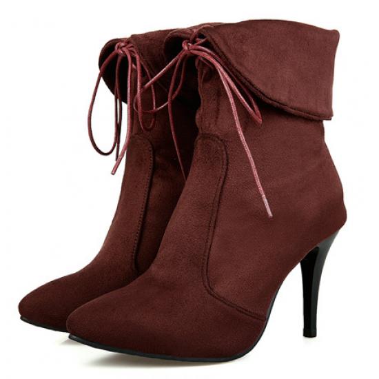 Brown Suede Lace Up Ankle Flap High Stiletto Heels Boots ...