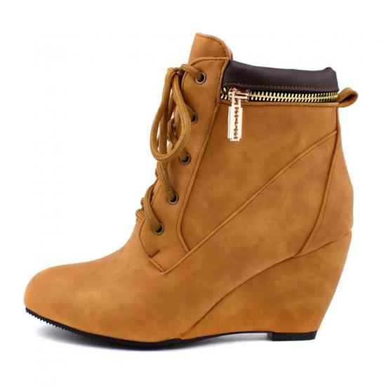 Brown Yellow Suede Ankle Lace Up Wedges Combat Blazer Zippers Boots Shoes Wedges Zvoof