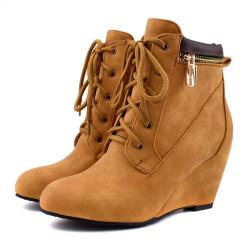 Brown Yellow Suede Ankle Lace Up Wedges Combat Blazer Zippers Boots Shoes