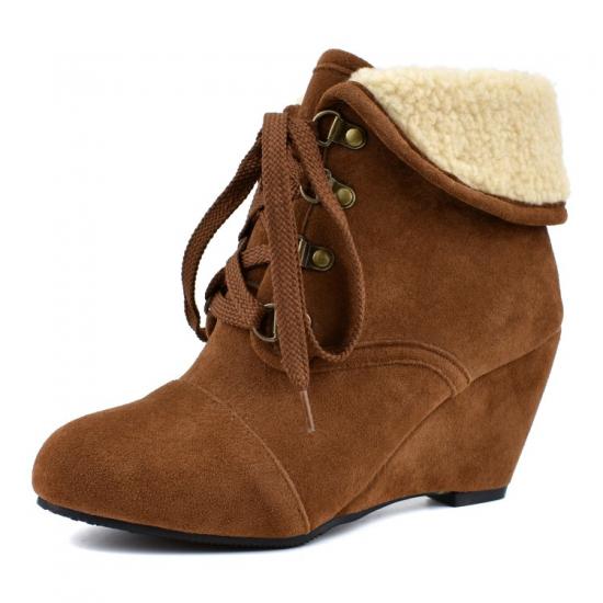 Brown Yellow Suede Ankle Woolen Flap Lace Up Wedges Combat Boots Shoes Wedges Zvoof