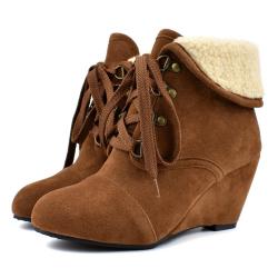 Brown Yellow Suede Ankle Woolen Flap Lace Up Wedges Combat Boots Shoes