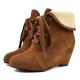 Brown Yellow Suede Ankle Woolen Flap Lace Up Wedges Combat Boots Shoes Wedges Zvoof
