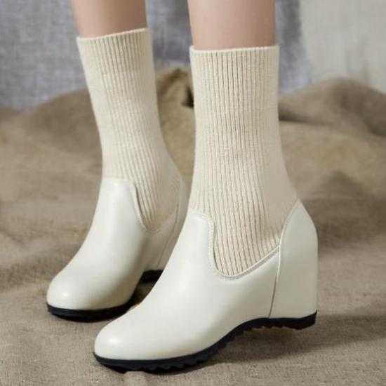 Cream Knit Woolen Flap Mid Length Ankle Wedges Combat Boots Shoes Wedges Zvoof