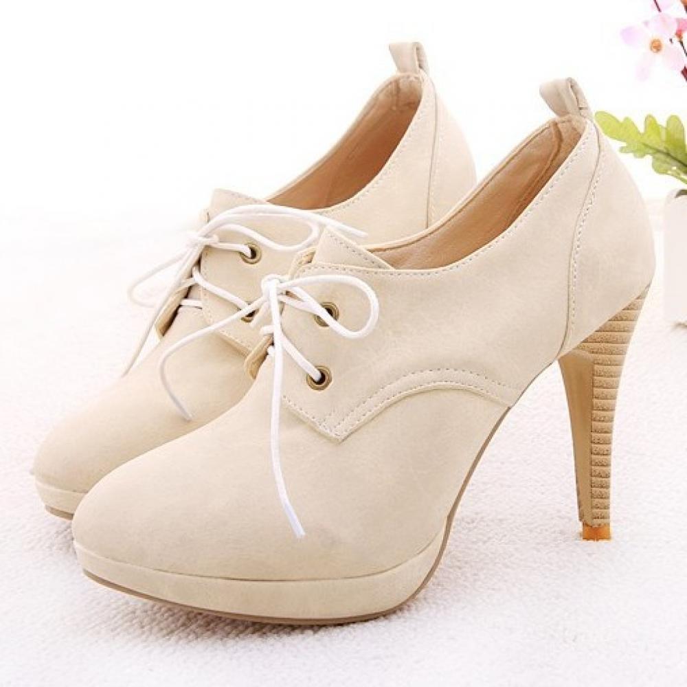 Cream Lace Up Vintage High Stiletto Heels Oxfords Shoes Boots